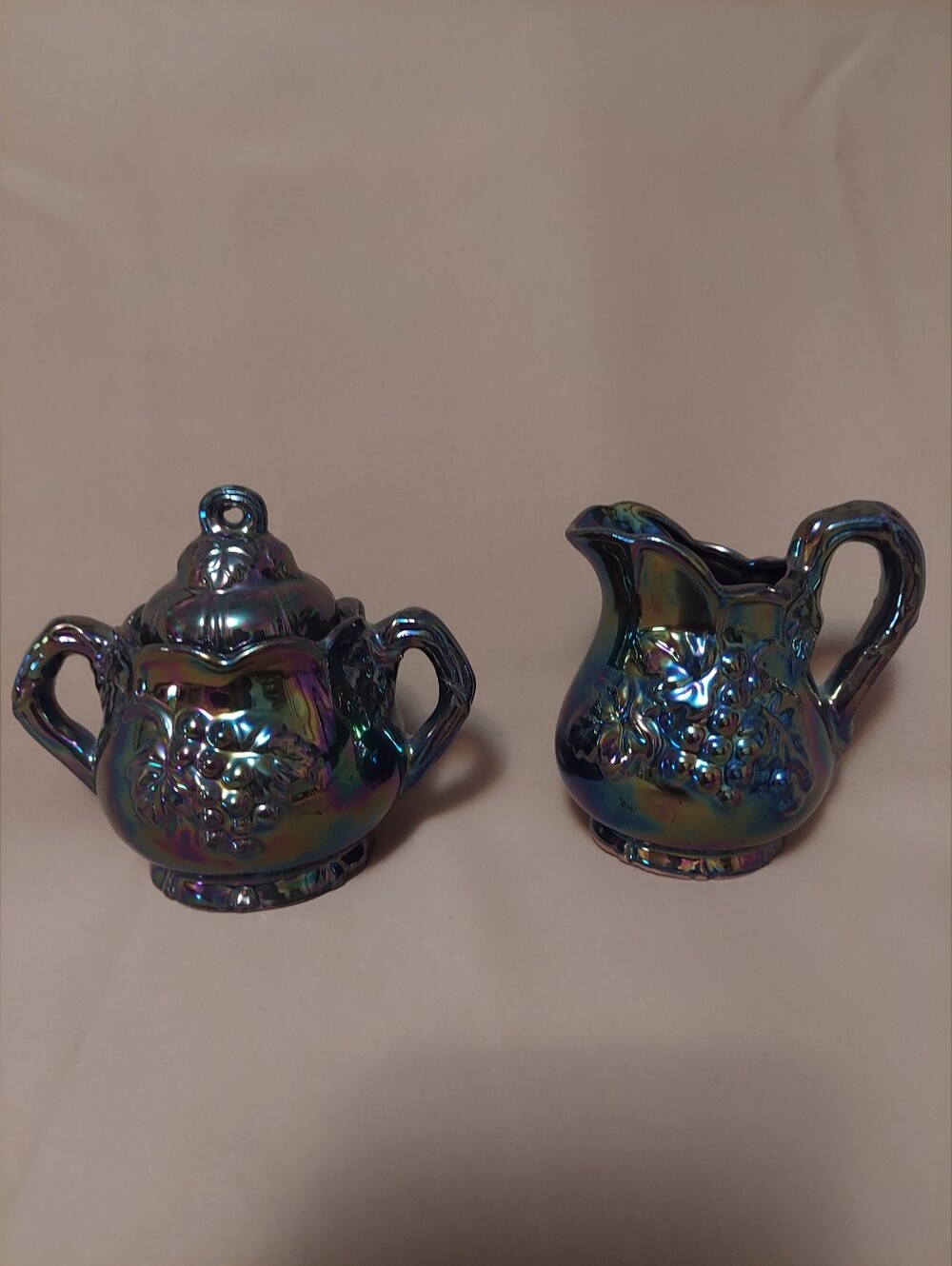 Vintage Indiana Glass "Harvest Grape" Blue Carnival Glass sugar and creamer set